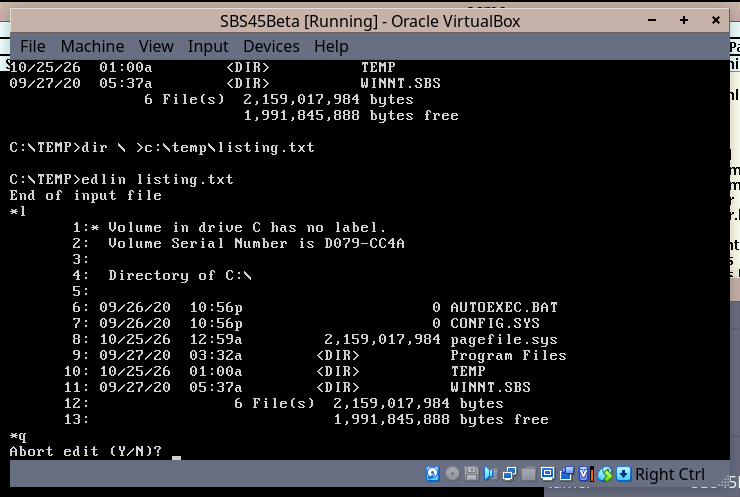 edlin on VirtualBox